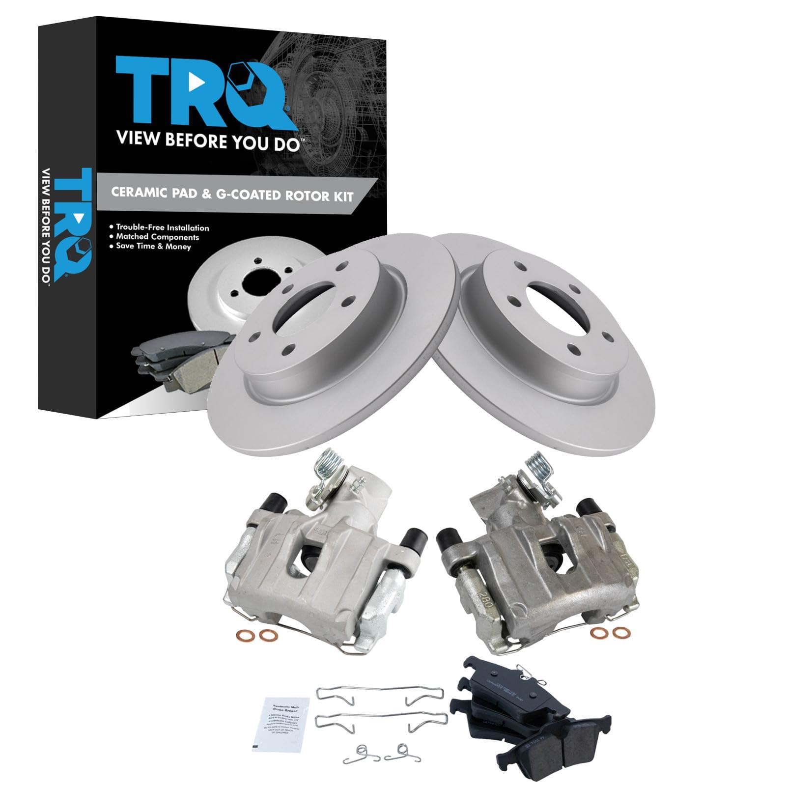 TRQ Rear Brake Pad and Rotor Set Ceramic Solid Rotors Calipers