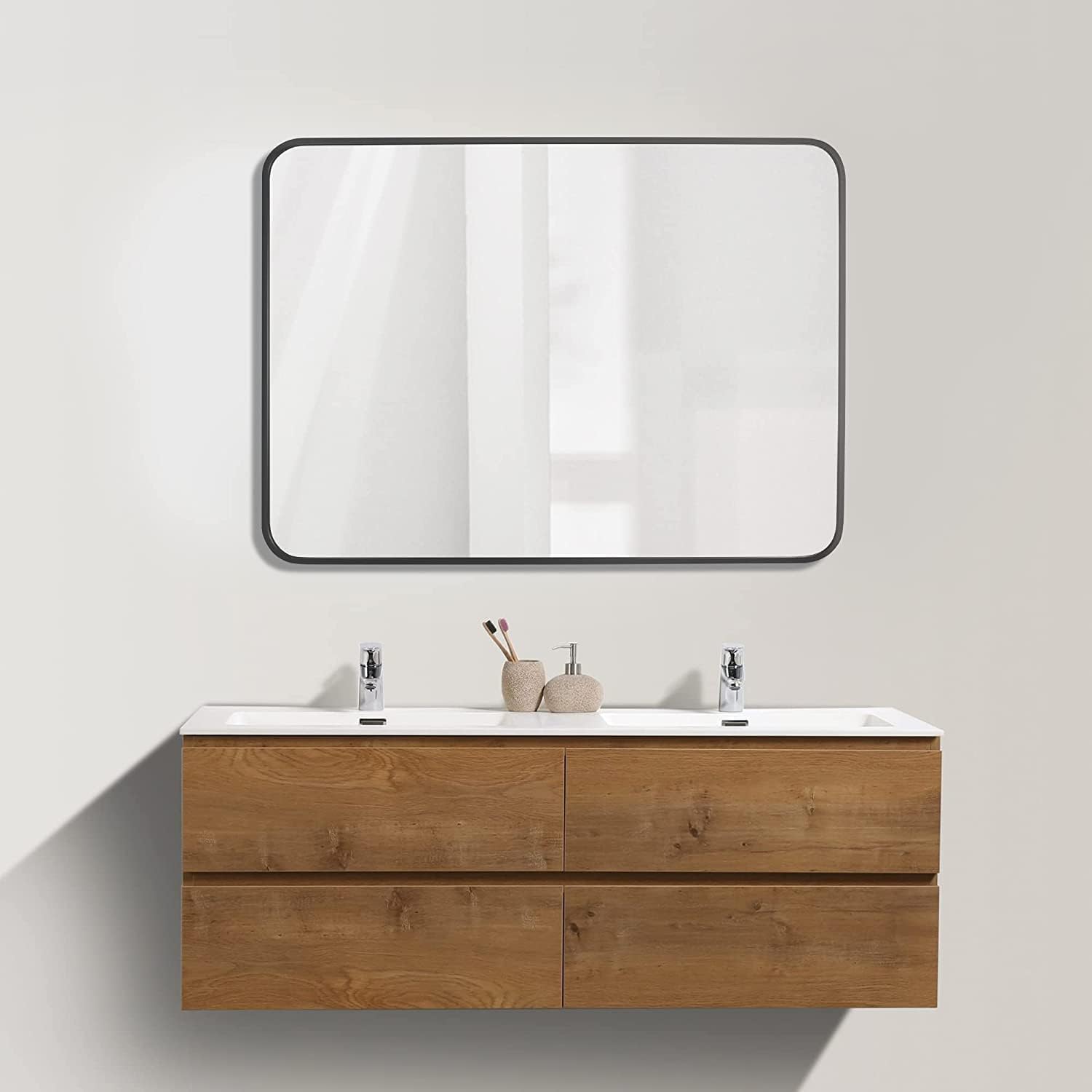 Saltnlight Bathroom Mirror, Rounded Corner Rectangle Mirror, Metal Frame Modern Mirror, Vertical Or Horizontal Hanging Mirrors for Wall Decor, Bedroom, Living Room (Black,30"x40")