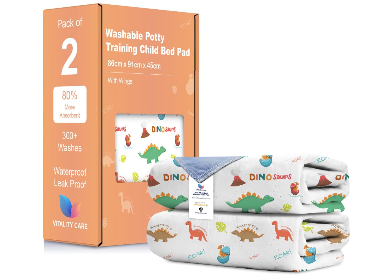 Vitality Care Dinosaur Washable Potty Training Bed Pads - Non-Slip Bed Wetting Sheets For Single & Toddler Beds, Easy To Change At Night, Includes Fits Single, Toddler & Cot Beds - Design