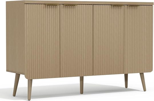 47.2" Sideboard Buffet Cabinet with Storage, Modern Fluted Accent Credenza with 4 Doors, Buffet Media Console Entryway Cabinet with Adjustable Shelve for Living Dining Room Hallway, Natual Oak