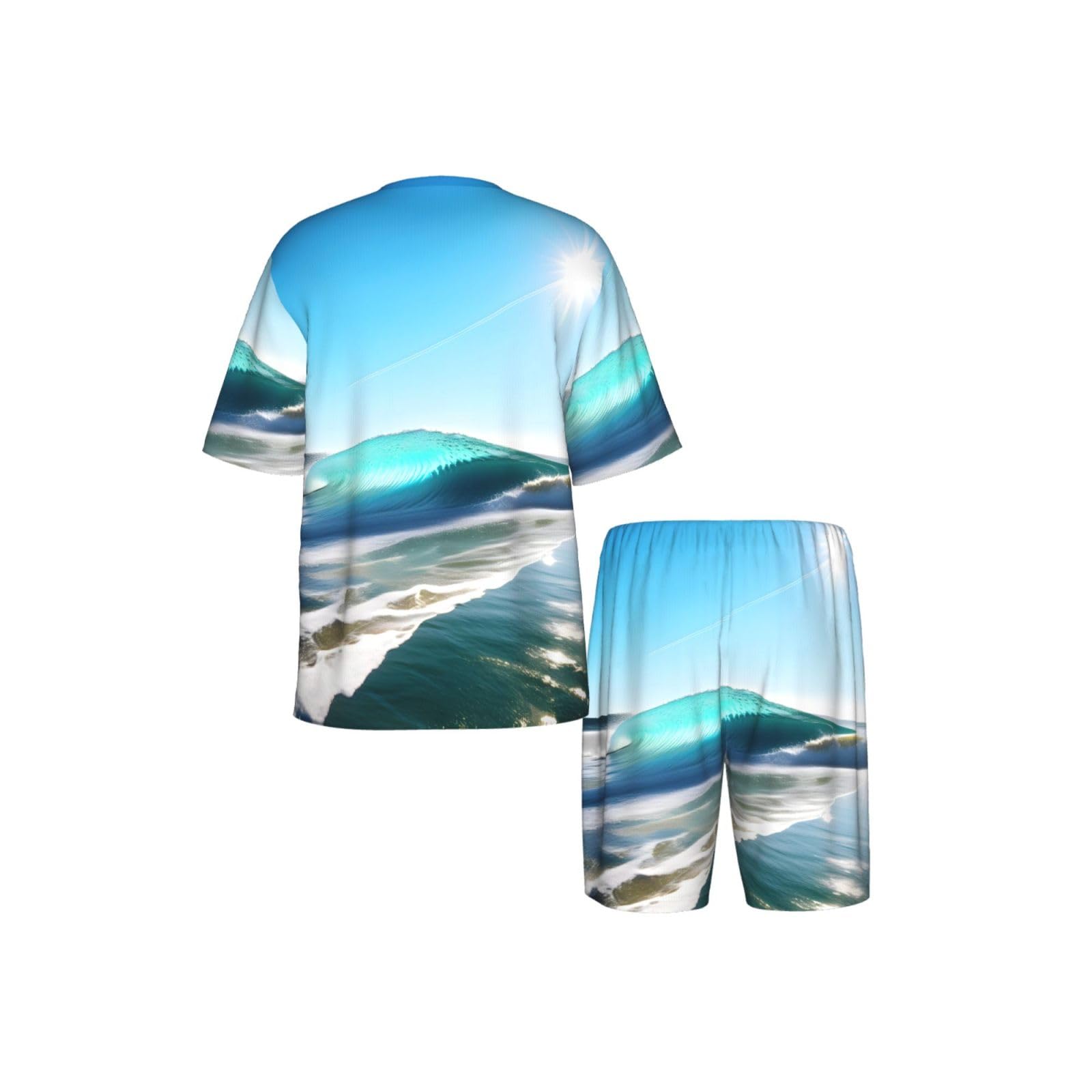 Conjunto de pijama clásico para hombre, estampado de olas de cielo claro, pantalones cortos de pijama suaves para hombre, perfecto para las noches de verano