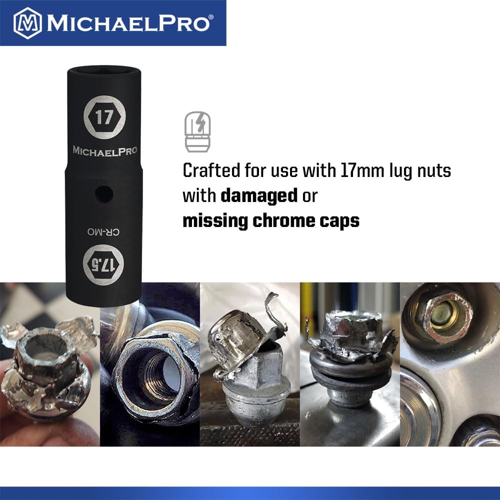 MichaelPro 1/2-inch Drive 17 x 17.5mm Half Size Lug Nut Flip Socket, Thin Wall Impact Grade Chrome-Moly Steel | Removes Damaged, Distorted and Missing Chrome Capped Lug Nuts | MP005054