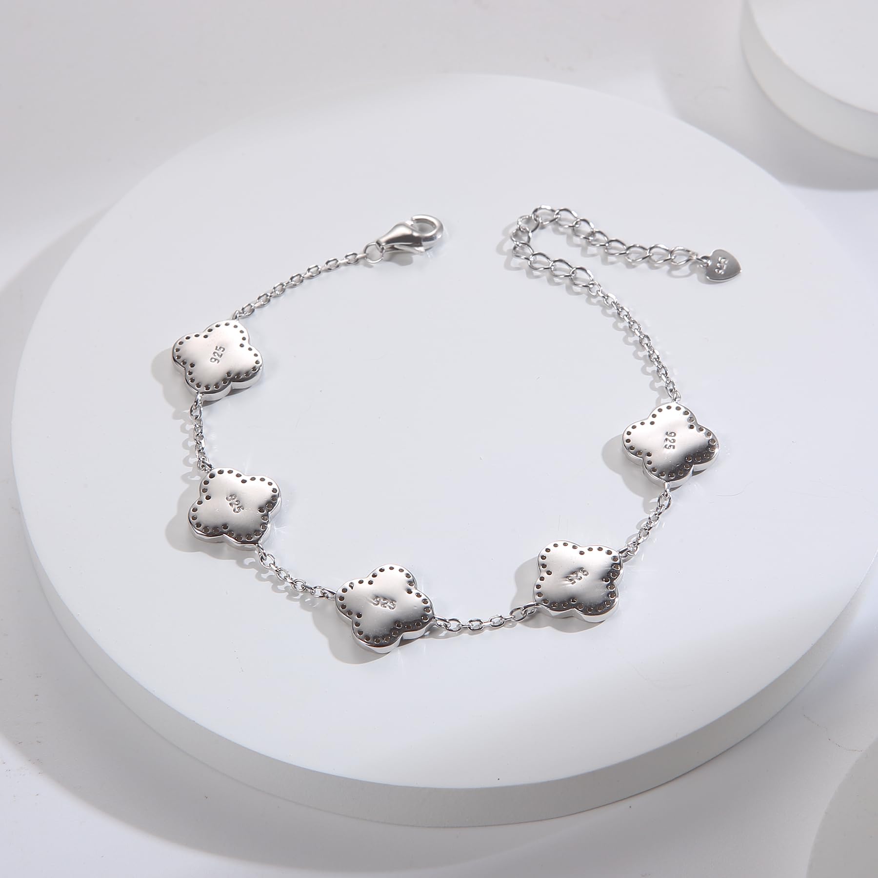 Colección de Pulseras de Trébol en Plata de Ley 925,5 Piedras de Trébol,Cadena Ajustable,Elegante para el Día a Día y Eventos Especiales