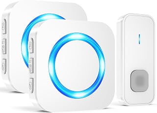 SURFOU Radio Clock, 400m Wireless Range Outdoor Waterproof Doorbell Wireless 2 Plug In Receiver, Outer Doorbell with 55 Ring Tones, 5 Volume, Flashing LED House Lighting Set, White