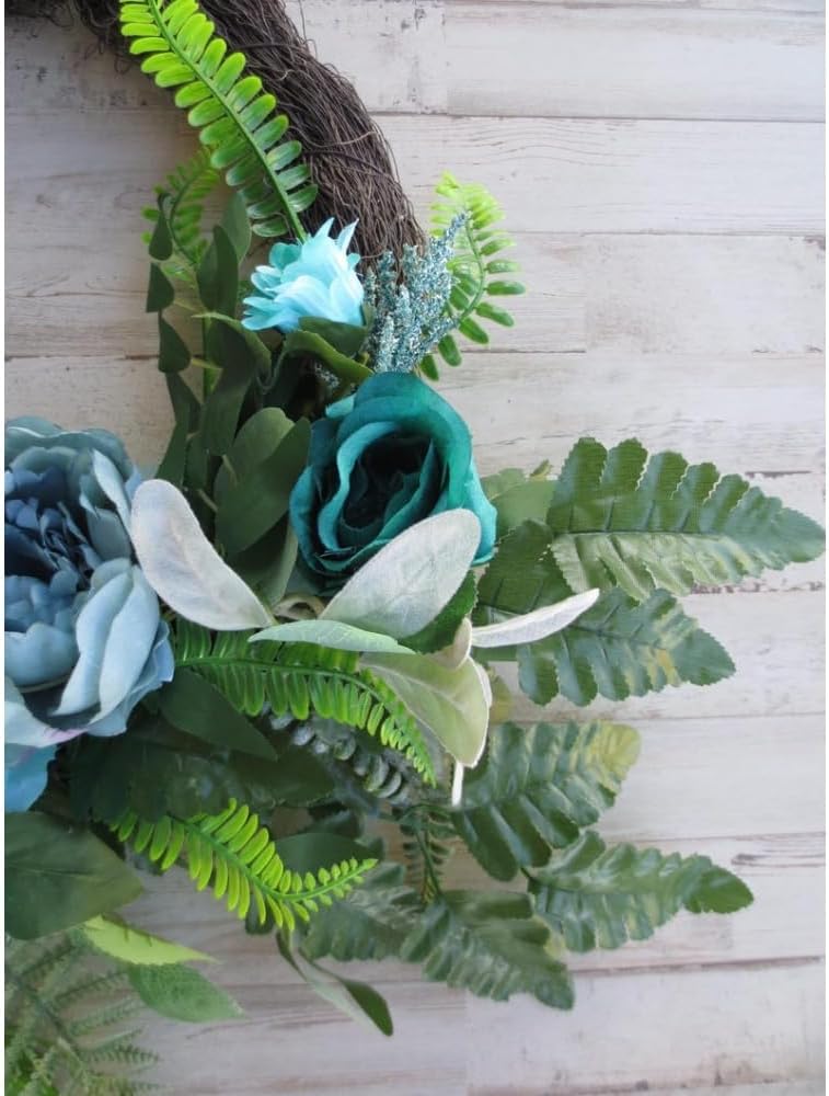 Teal Grapevine Wreath for Front Door, Spring Summer Wreath with Flowing Greenery, White Florals and Dragonfly Accent for Porch Wall Home Decor
