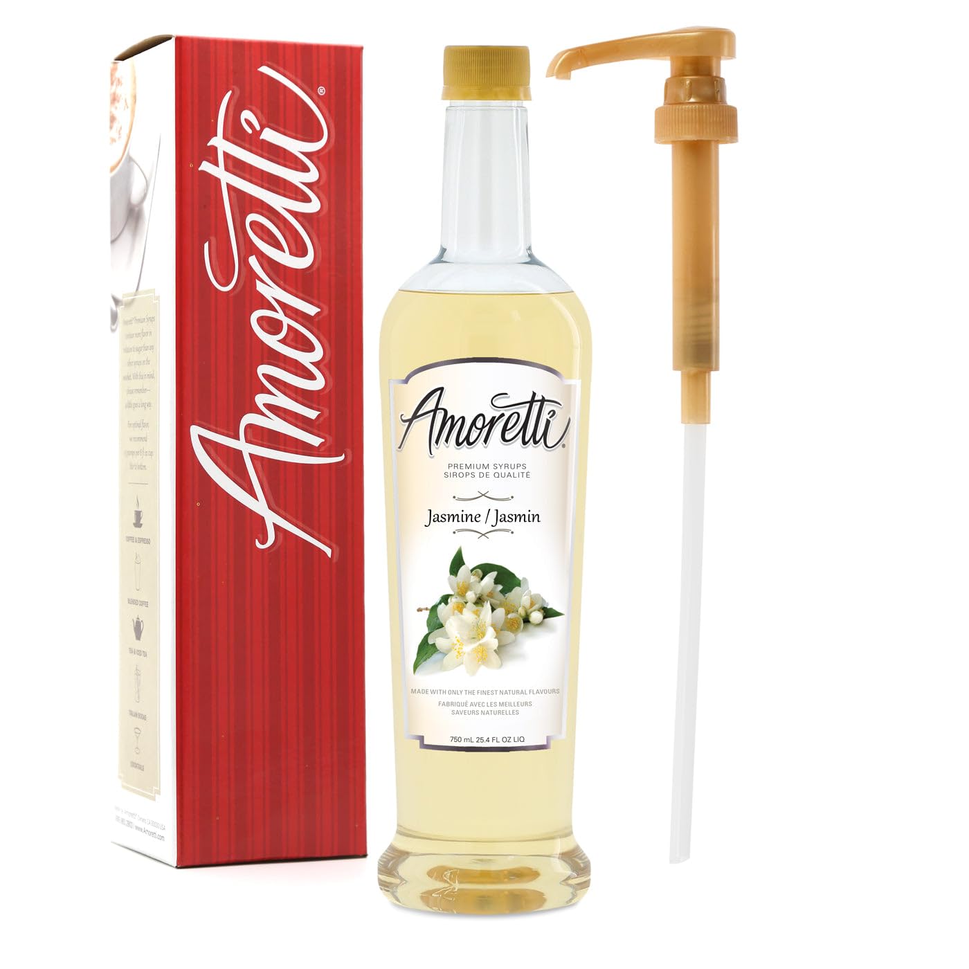 Amoretti - Premium Jasmine Syrup, 94 Servings Per Bottle (750 ml), with Pump for Flavoring Coffees, Cocktails, and other Beverages, Gluten Free, GMO/GEO Free, Preservative Free