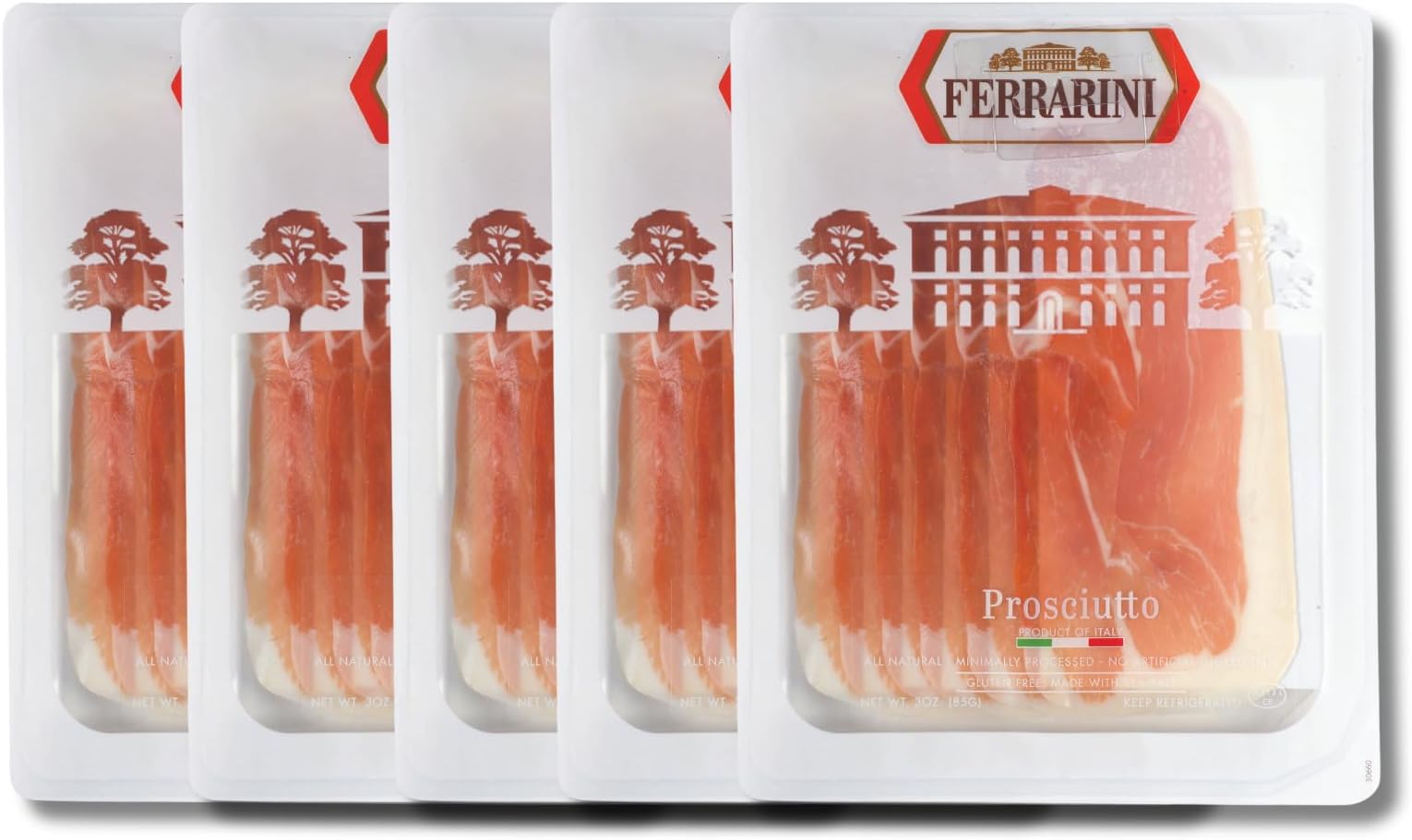 Ferrarini Prosciutto Italiano - Premium Italian Cured Ham, Sliced 15oz (5 x 3oz Packs)