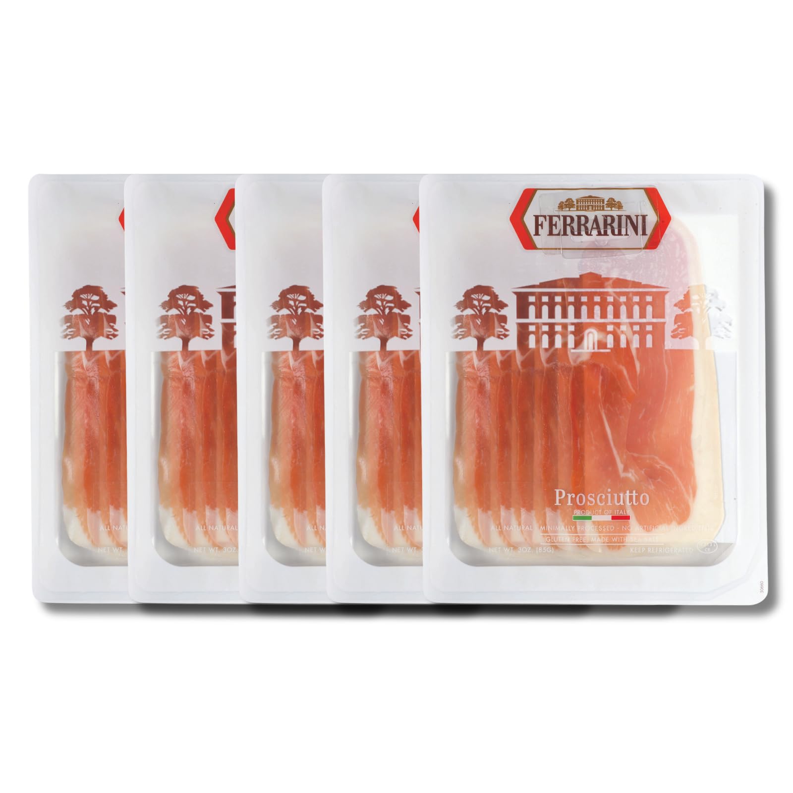 Ferrarini Prosciutto Italiano - Premium Italian Cured Ham, Sliced 15oz (5 x 3oz Packs)