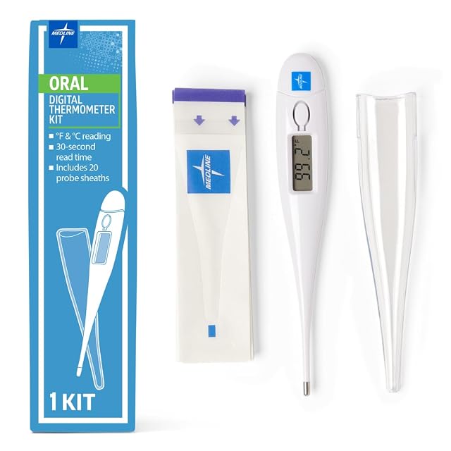 Medline 30-Second Oral Digital Stick Thermometer with Fahrenheit Celsius - Accurate Fast Readings - 20 Sheaths Included