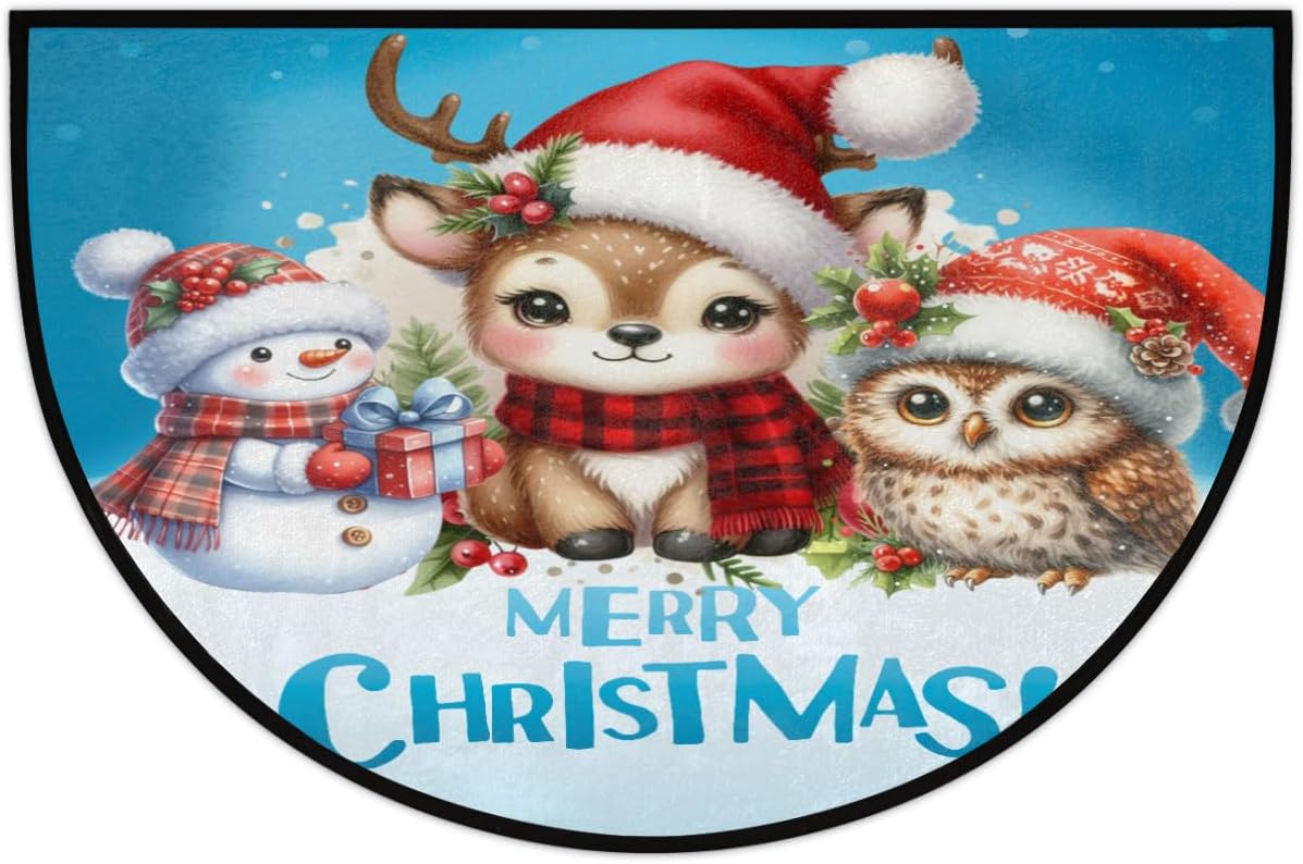 cfpolar Half Round Door Mat Christmas Elk Snowman Holly Non-Slip Semi Circle Area Rug Washable Semi Circle Floor Rug for Indoor Outdoor Living Room Bathroom Kitchen Patio Hearth Rugs Home Decoration