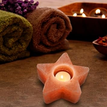 NB Natural Himalayan Salt Star Shape Candle Holder | Hand-Carved Pink Rock Salt Tealight Holder | Decorative Crystal Candle Stand for Meditation, Yoga, Spa, Home Decor & Gift