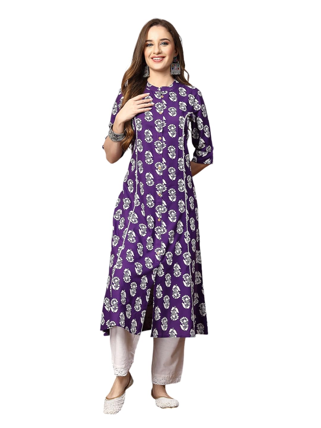 Stylum Women's Floral Printed Rayon A-Line Kurta (Johnyvoil40_Violet, L)