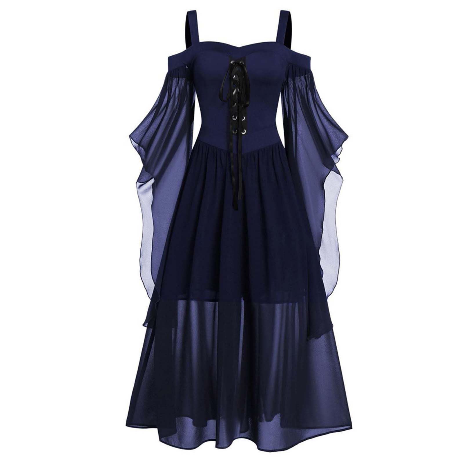 Llecdaseui Women's Blue Plus Size Victorian Gothic Jacquard Grommets Buckle Cross Butterfly Sleeve Medieval Renaissance Dress (,2Xl)