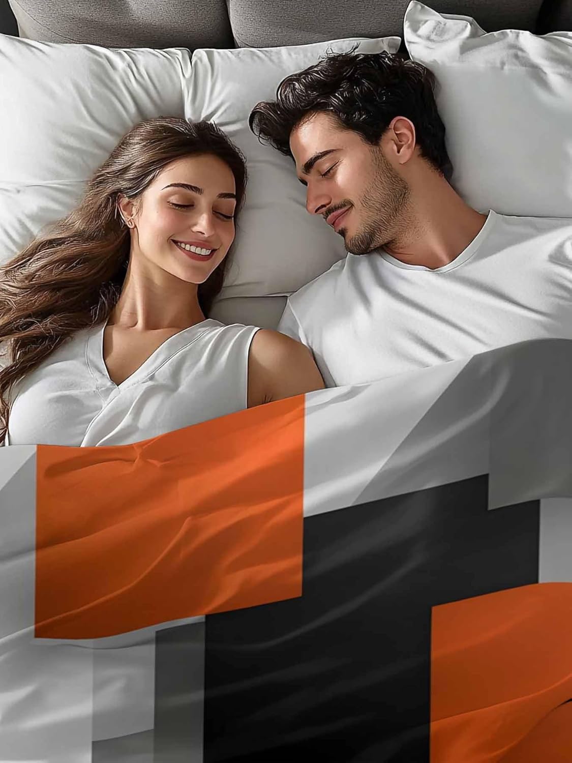 Top Sheet Cal King Bedding Flat Sheet Only, Abstract Orange Gray Color Block Microfiber Bed Sheets Soft Breathable Bedding Flat Sheets, Modern Geometric Art Hotel Luxury Top Sheets