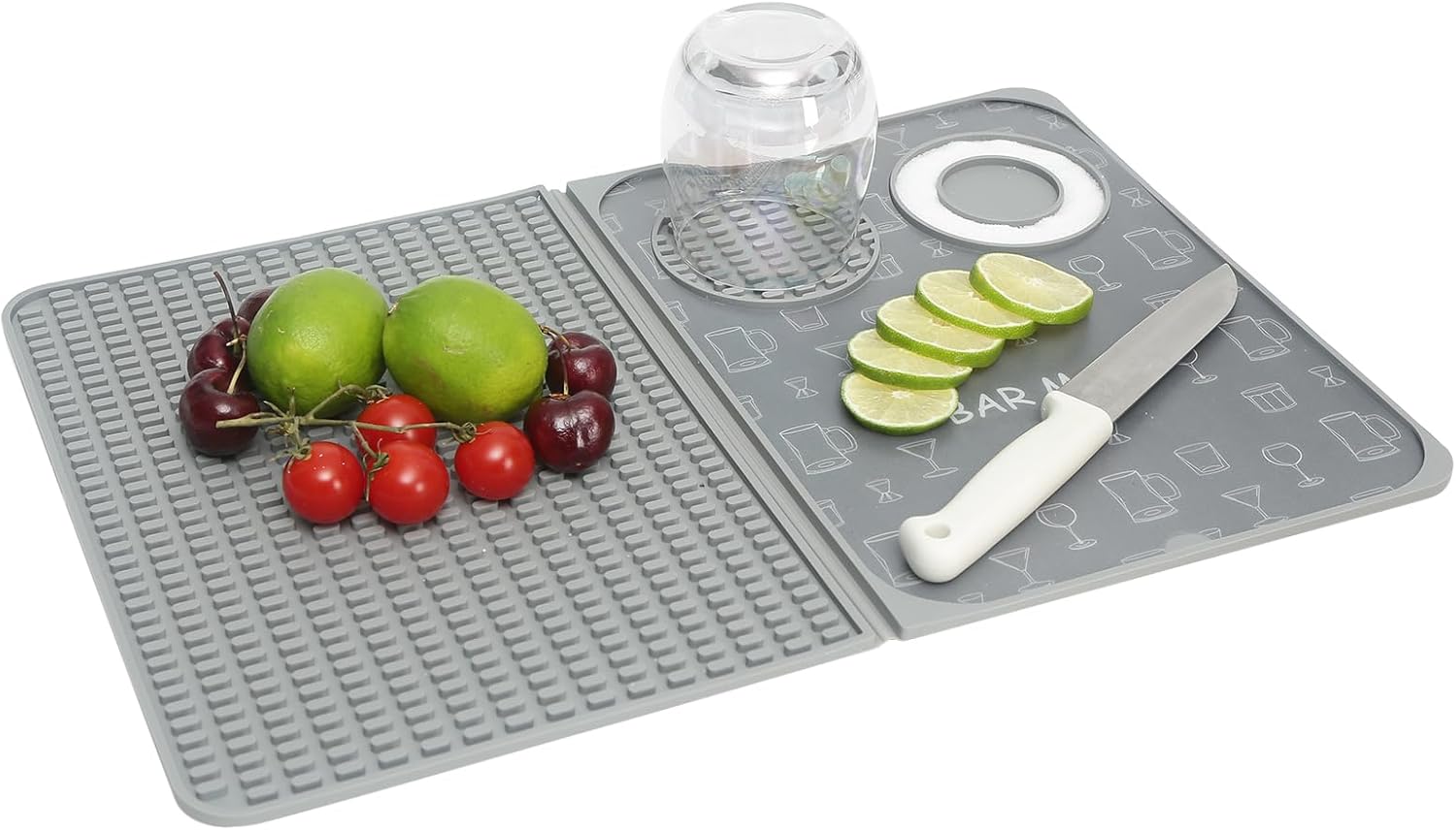 Foldable Bar Mat 18x12 inch - 3-in-1 Silicone Drying Mat with Removable Cutting Board & Rim Tray | Countertop Protector for Home, Outdoor, Travel | Professional Cocktail Accessories (gray) Gray 18" x 12"