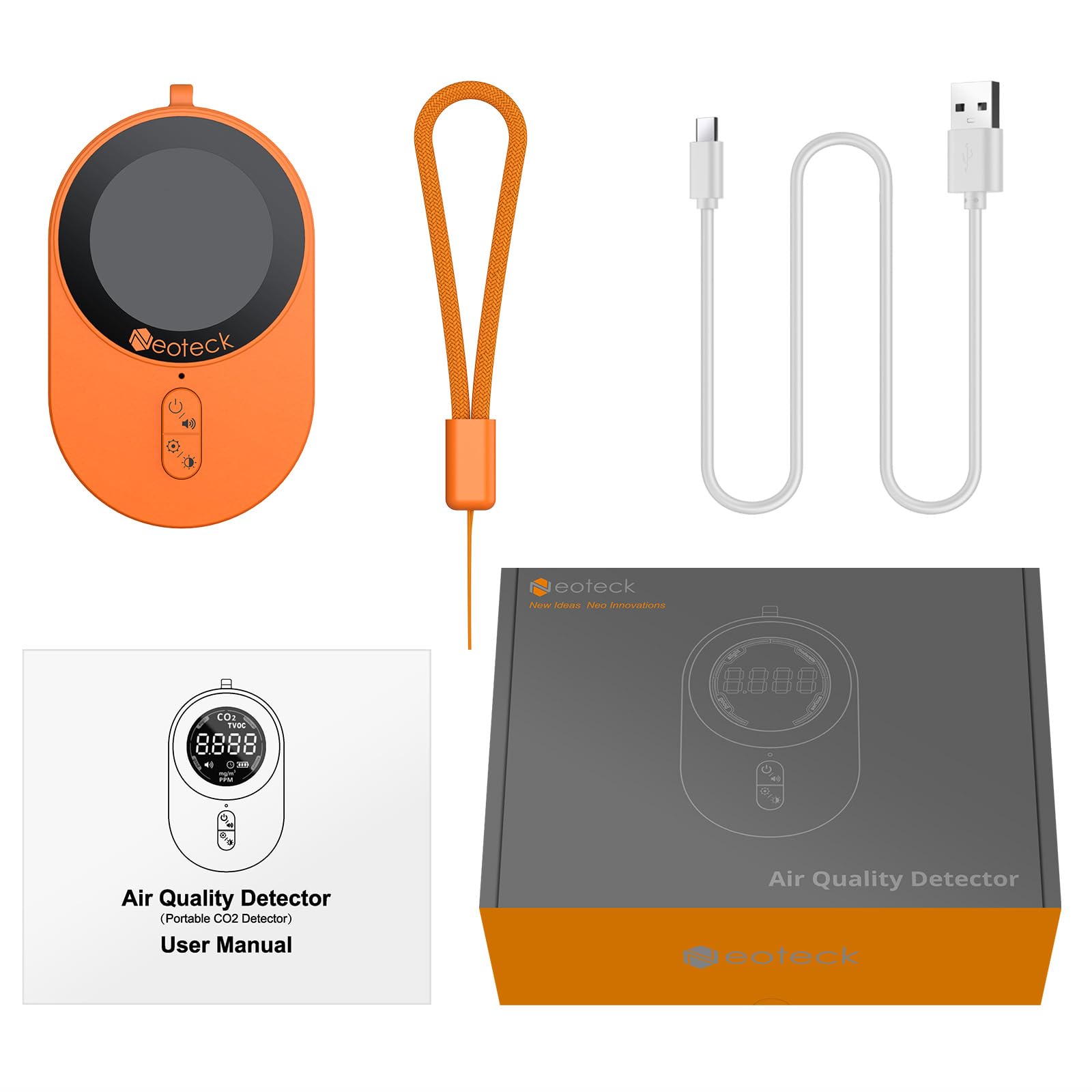 Neoteck Mini Détecteur de CO2 TVOC Portable Rechargeable 1s Rafraîchissement Moniteur de Qualité de l'Air Dioxyde de Carbone Alarme Sonore 700mAh Batterie pour Camping Aventure Maison Hôtel Voiture