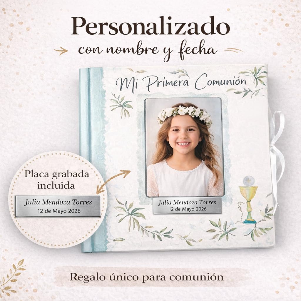 Libro de comunión para firmas y fotos, personalizado con placa grabada con nombre y fecha (Verde agua) - 4