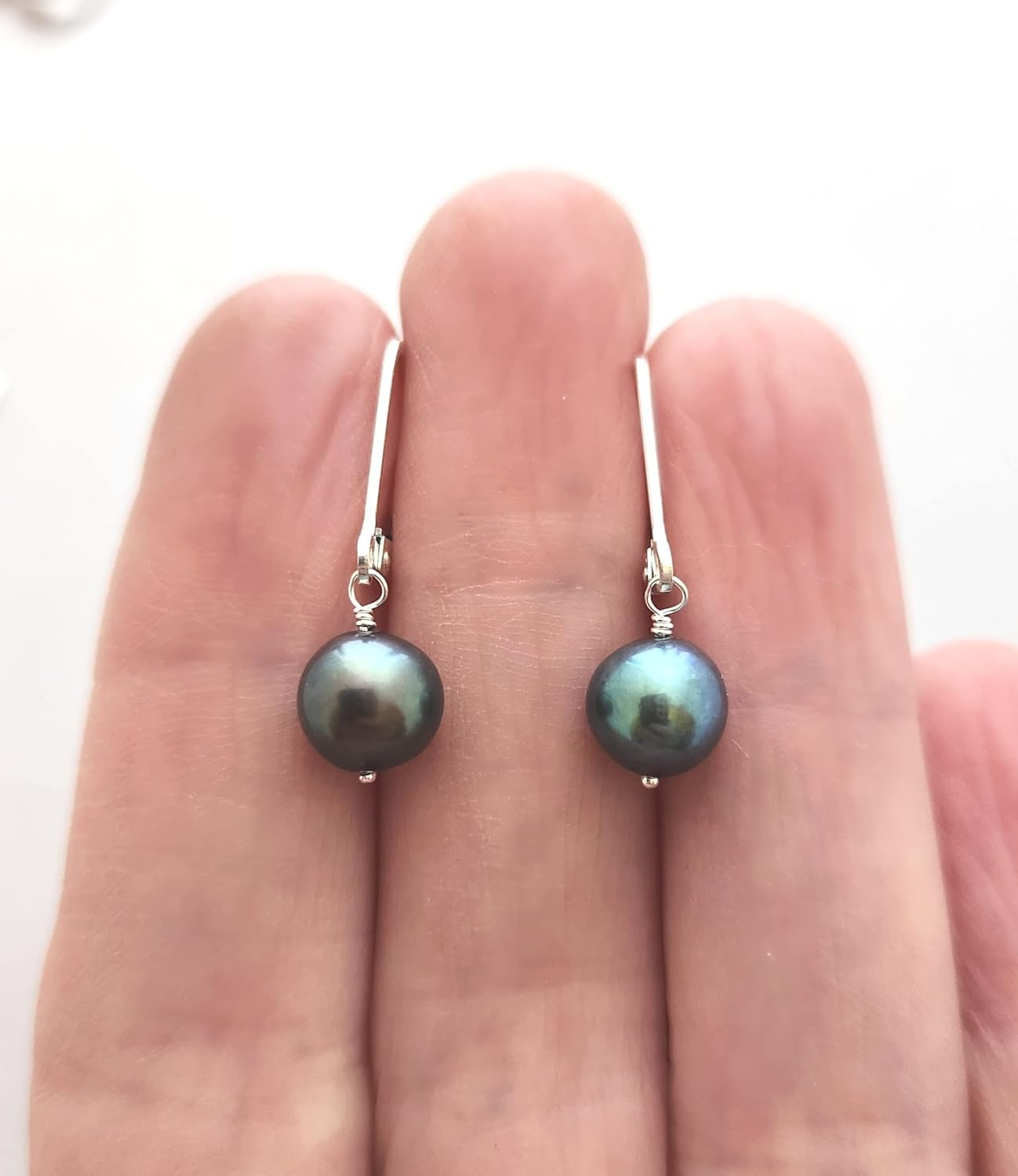 Cultured Black Freshwater Pearl drop earrings Sterling Silver, Peacock Pearl