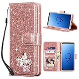 UEEBAI Klapphülle für Samsung Galaxy S9, PU Lederhülle Glitzer 3D Schmetterling Flip Cover Standfunktion mit Kartenfach Schutzhülle Diamant Glänzende Geldbörse Handschlaufe Etui - Roségold