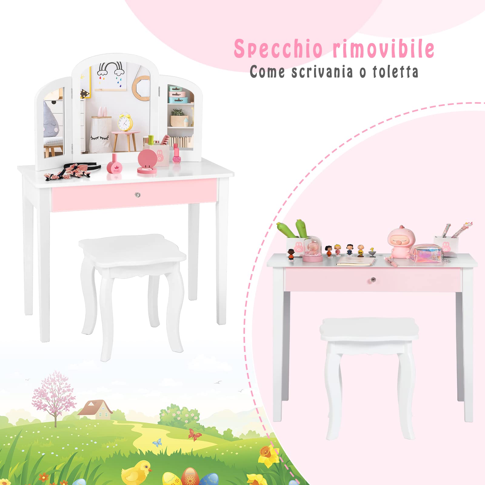 RELAX4LIFE Set Toeletta in Legno con Sgabello, Tavolo da Trucco con Cassetto con 3 Specchi per Bambini, Kit Toeletta da Trucco con Sedia per Bambine, Giocattolo da Trucco per Bambini (Bianca)