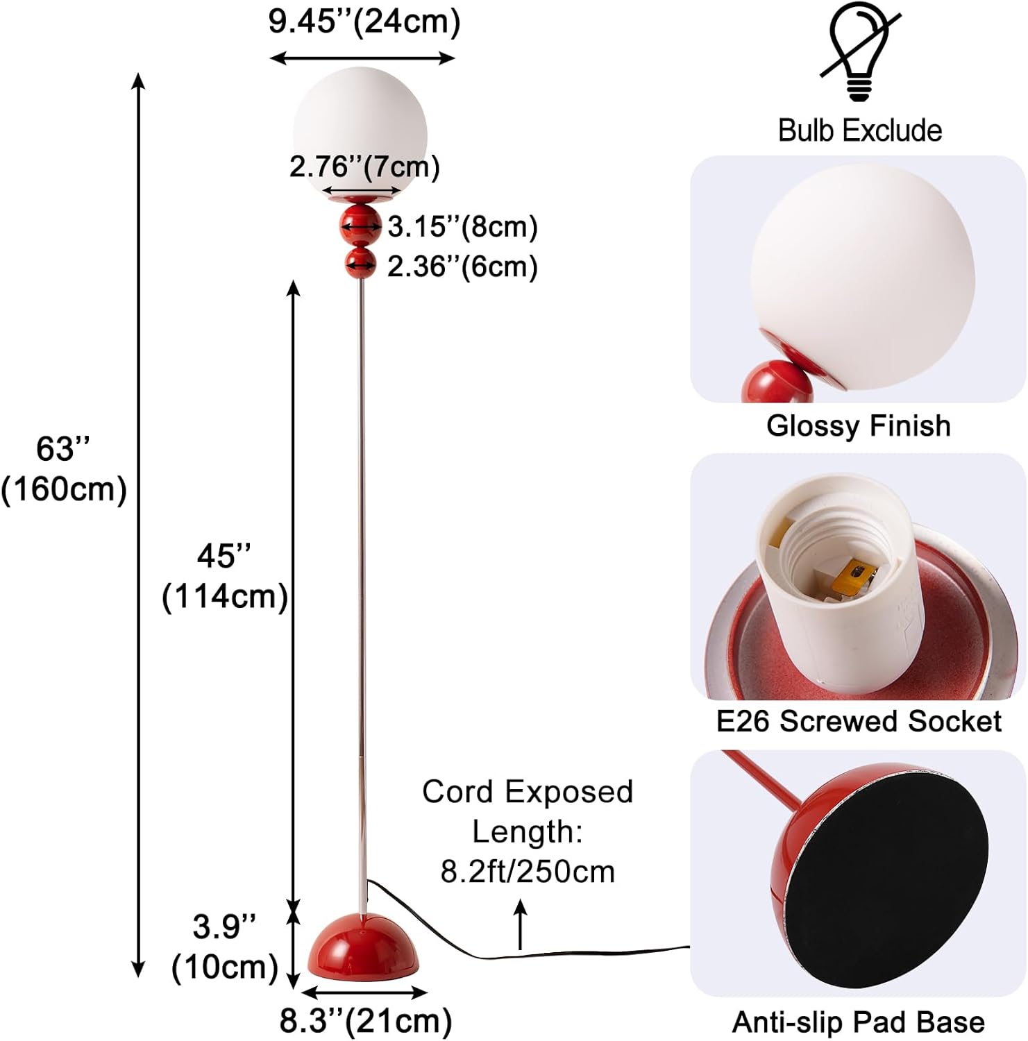 Mid Century Modern Floor Lamp for Living Room, Globe Standing Lights Fixture Corner Floor Lamps, Vintage Floor Lamps for Bedroom Office Reading (Red)