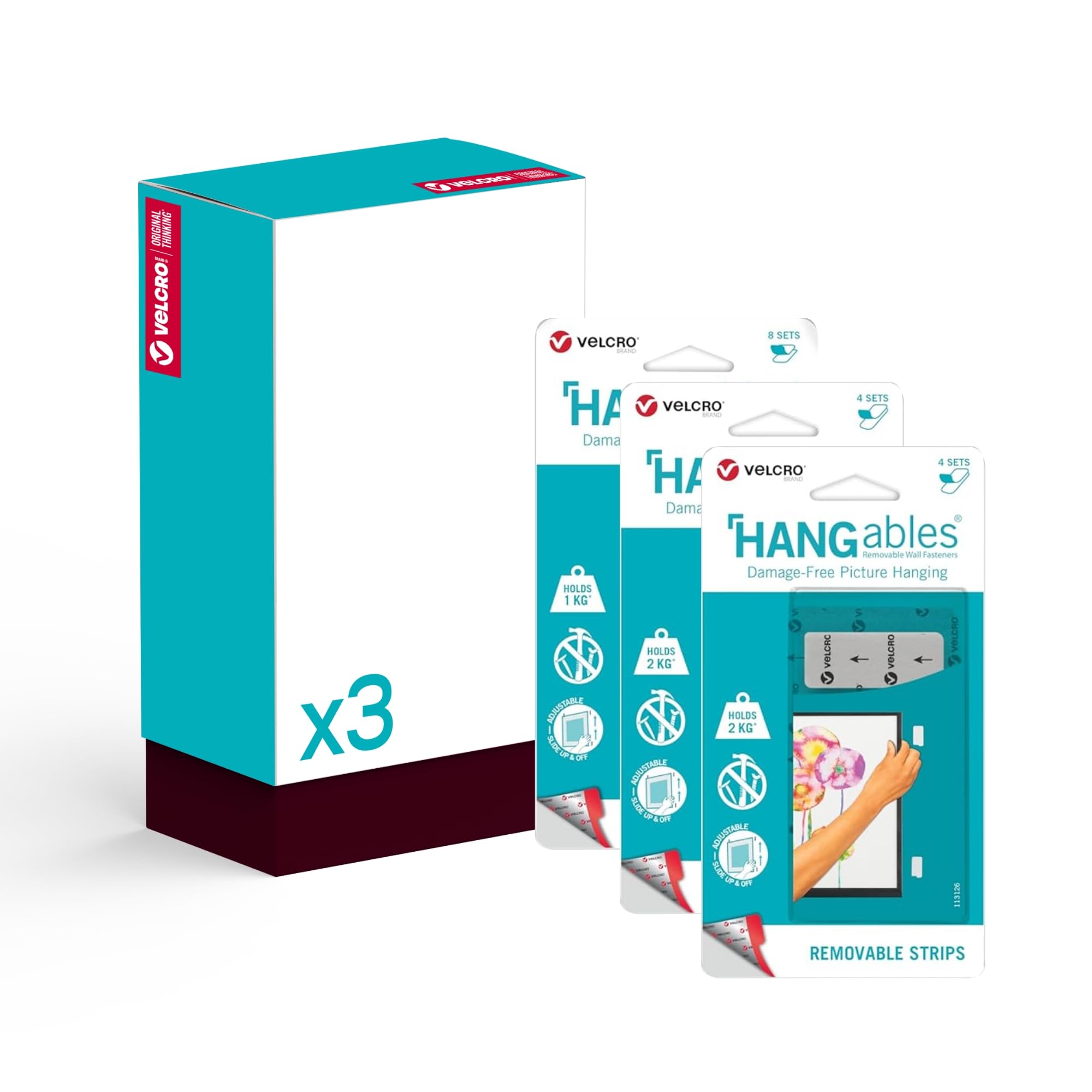 VELCRO Brand - HANGables Picture Hanging Strips 16 Pairs - 8 Medium 19mm x 44mm & 8 Small 19mm squares - Damage Free Picture Hanging for Pictures, Mirrors, Wall Décor - Medium holds up to 2kg