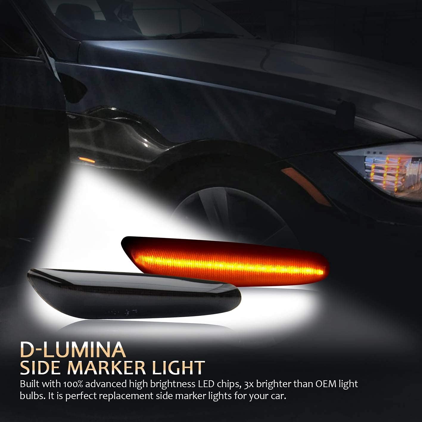 D-Lumina Sequential Amber LED Side Marker Turn Signal Lights Assembly for BMW E90 E91 E92 E93 E46 E53 E60 E61 X3 E83 X1 E84 E81 E82 E87 E88 Side Marker Light, Smoked Lens Side Marker Lamp, Pack of 2