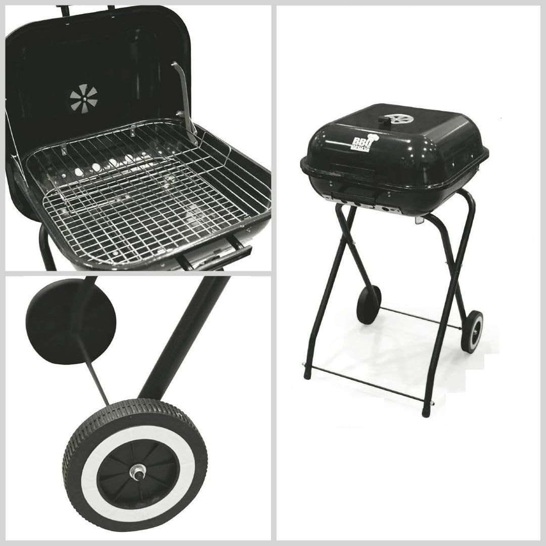 Barbeque BBQ Grill a Carbone Carbonella Quadrato con Coperchio e Sfiato Presa Aria Ruote Metallo Ripiano 2 Griglie Giardino Multifunzione Terrazzo Campeggio Trasportabile 49x47x83h cm