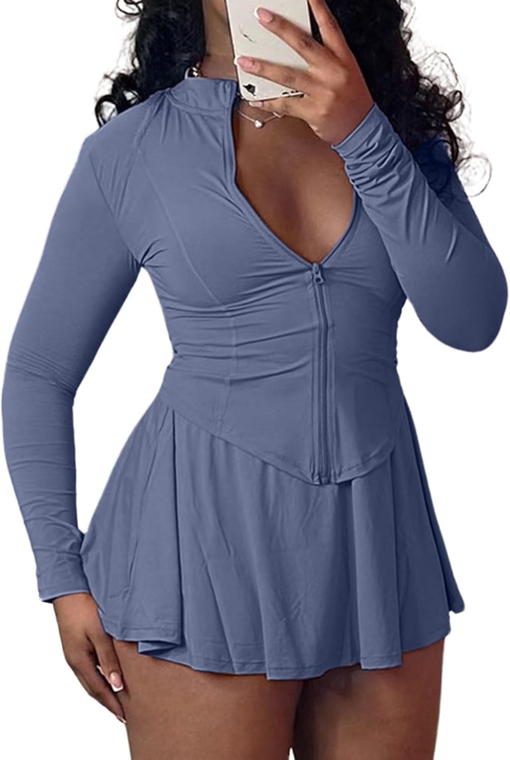 Adogirl Womens Sexy Flared Tennis Skirt Sets Slim Zip Up Jacket 2 Piece Outfits Athletic Matching Mini Dress with Shorts