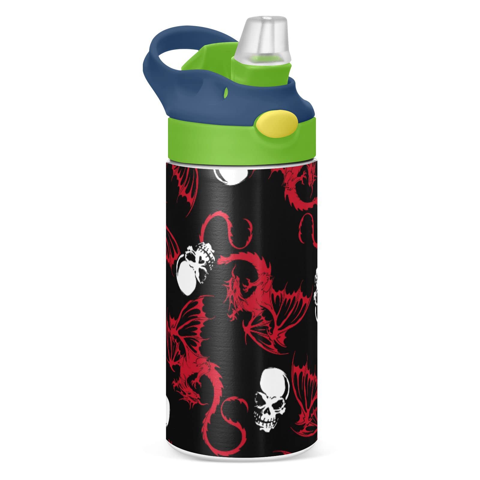 Seamless White Skull and Red Wing Flying Dragon on Dark Black Tumbler with Lid & Straw, Boys Girls Stainless Steel Double Wall Cup Water Bottle BPA-Free Vacuum Insulated Thermal Mug 11.8 Oz
