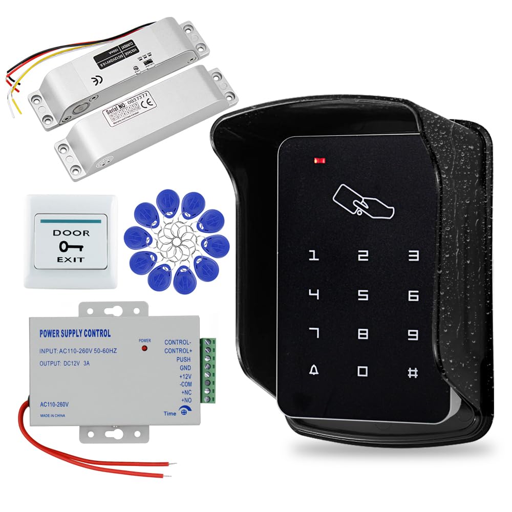 Kit de système de contrôle d'accès, clavier étanche IP68 1000 capacité utilisateur + housse de pluie + 10 porte-clés RFID 125 kHz + alimentation DC 12 V 3 A + bouton interrupteur de sortie (verrou