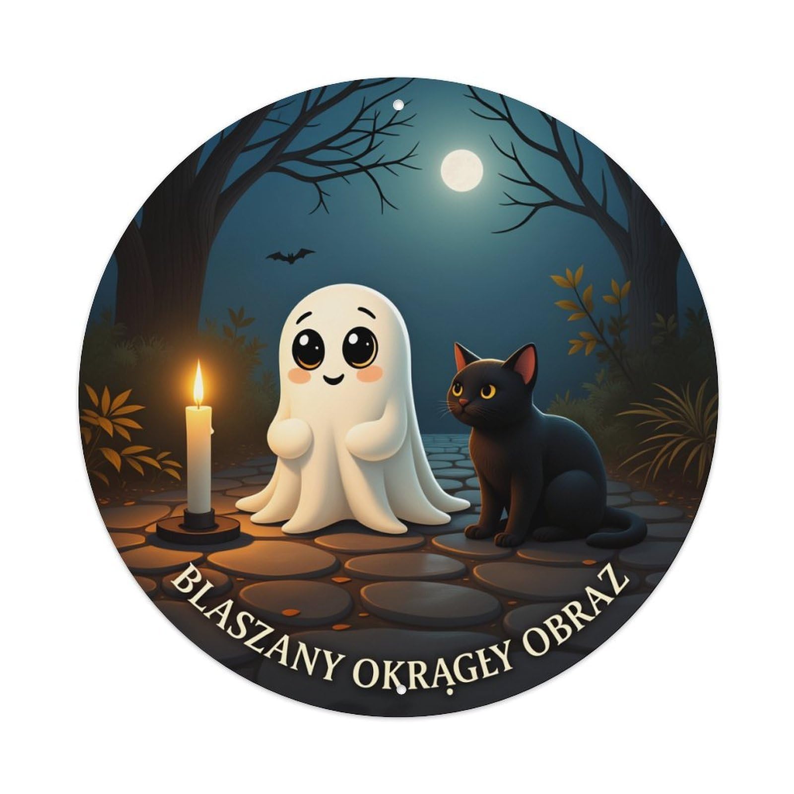 Ghost Cat Candle Moon Night Round Tin Sign Vintage Style Metal Sign Home Bar Garden Wall Plaque Decor Metal Poster 8x8 Inch