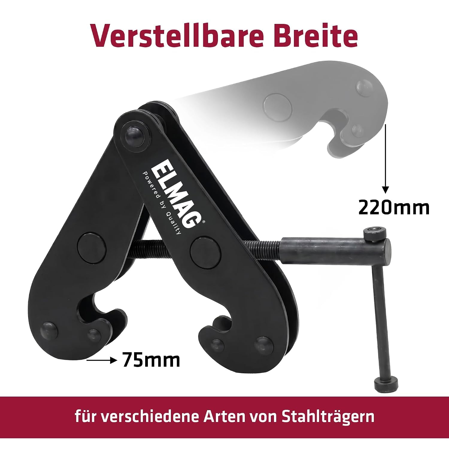 ELMAG Trägerklemme 1000 kg – Balkenklemme für Stahlträger & Balken 75–220 mm mit sicherer Spindelmechanik und kompakter Bauweise – Klemme für Hebezeuge, Kettenzüge und Anschlagpunkte