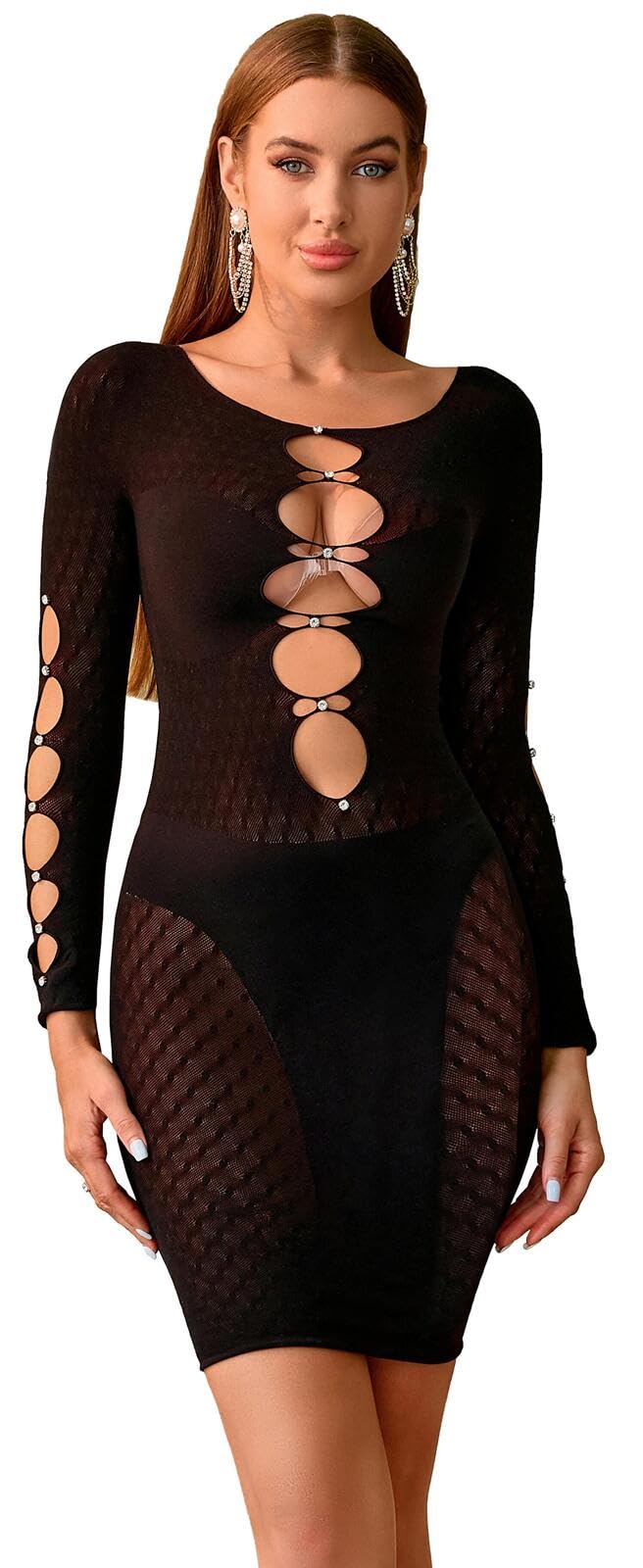 Bommi Fairy Seksowna sukienka damska z wycięciem z przodu, błyszcząca, stras, bodystocking, długi rękaw, siatka rybna, rozciągliwa, obcisła spódnica