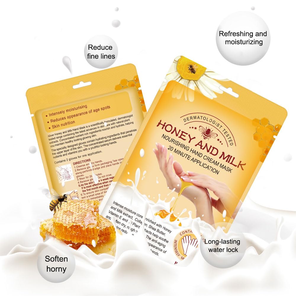 Maschera Per Le Mani Guanti, 5 Paia Maschera Idratanti Per Mani Esfoliante al Miele con Estratti Vegetali Naturali, Collagene, Sbiancanti e Antietà, Riparazione Della Pelle Ruvida (Miele e latte)