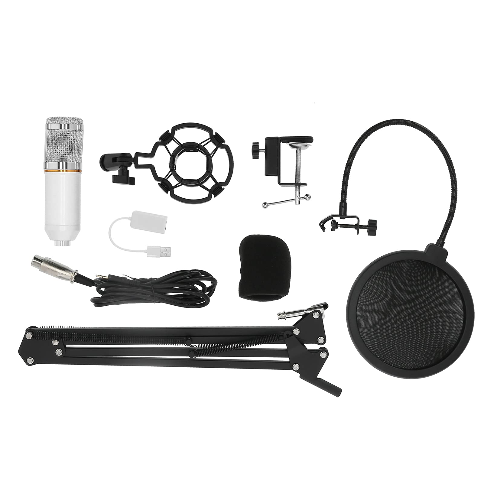 Zestaw Mikrofonu Pojemnościowego USB, Mikrofon Komputerowy PC z Regulowanym Ramieniem Wsporczym Mocowanie Wstrząsowe, Zestaw Mikrofonów do Strumieniowego Przesyłania Podcastów(biały + srebrny)