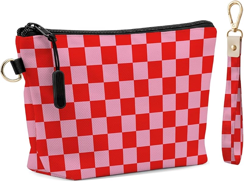 Necessaire de maquiagem Fokongna com chaveiro e alça de pulso, estampa xadrez vermelha, Pacote com 2