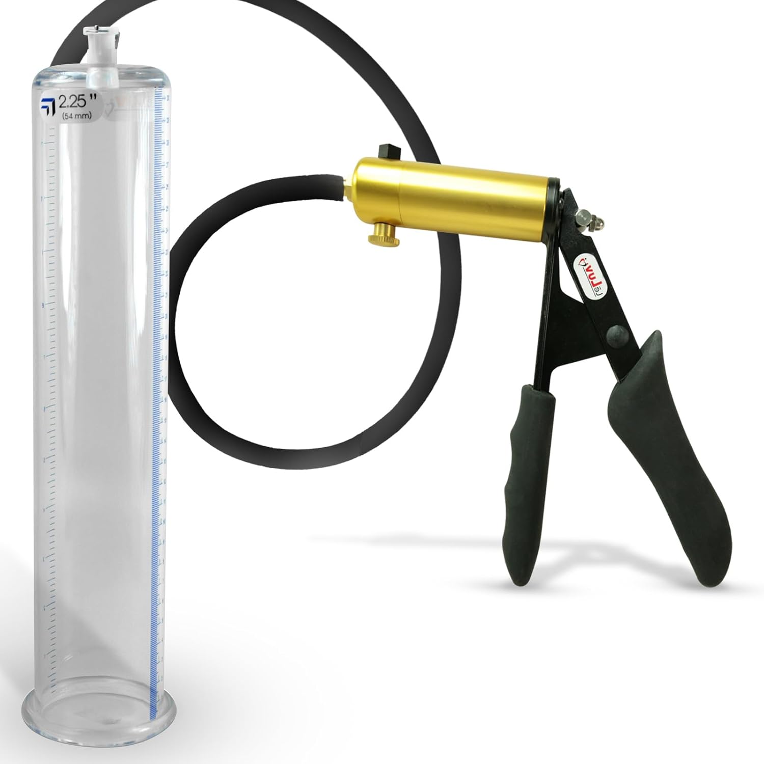 LeLuv Ultima Penis Pump Kit, Brass w/Premium Black Silicone Grips and Hose - 12" x 2.25" Round-Flange Cylinder