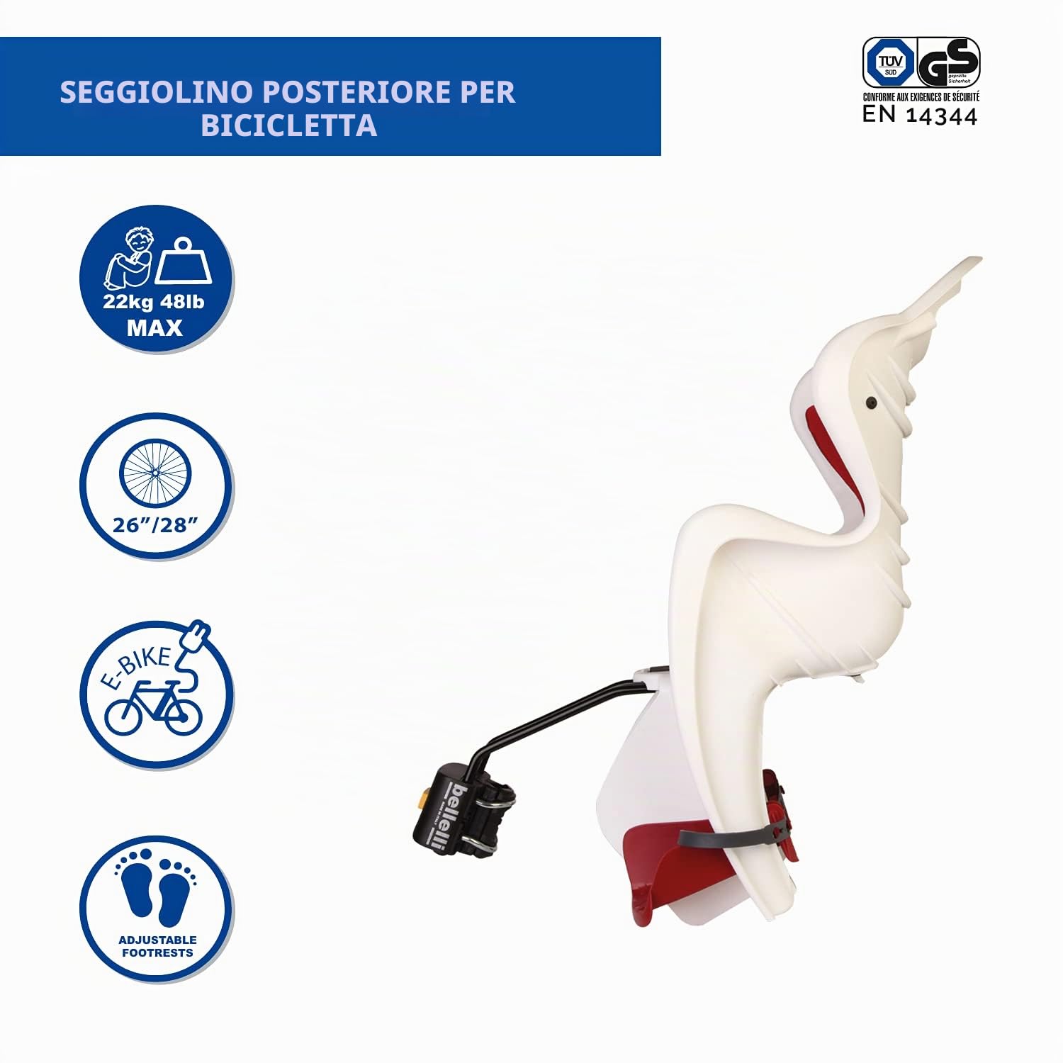 Bellelli Mr Fox - Seggiolino Posteriore per Bicicletta - per Bambini fino a 22 kg, da 3 a 8 anni - si Fissa al Telaio - Bianco e Rosso