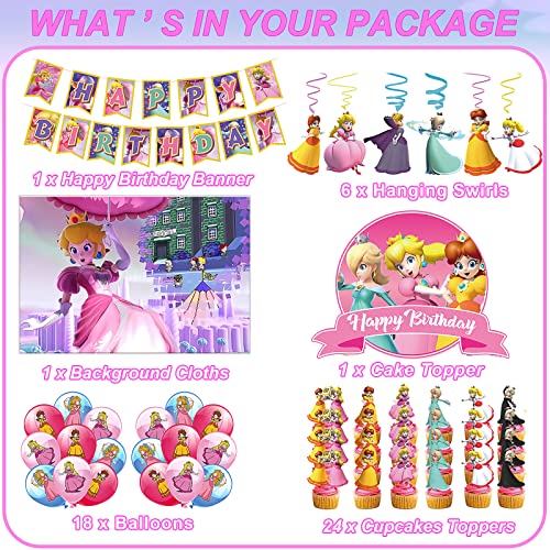 51 Pcs Princess Peach Birthday Party Decorations, Princess Peach Party Supplies With 1 Birthday Banner, 1 Backdrop, 1 Cake Topper, 24 Cupcake Topper, 18 Latex Balloons, 6 Swirls For Princess Fans #TOP1