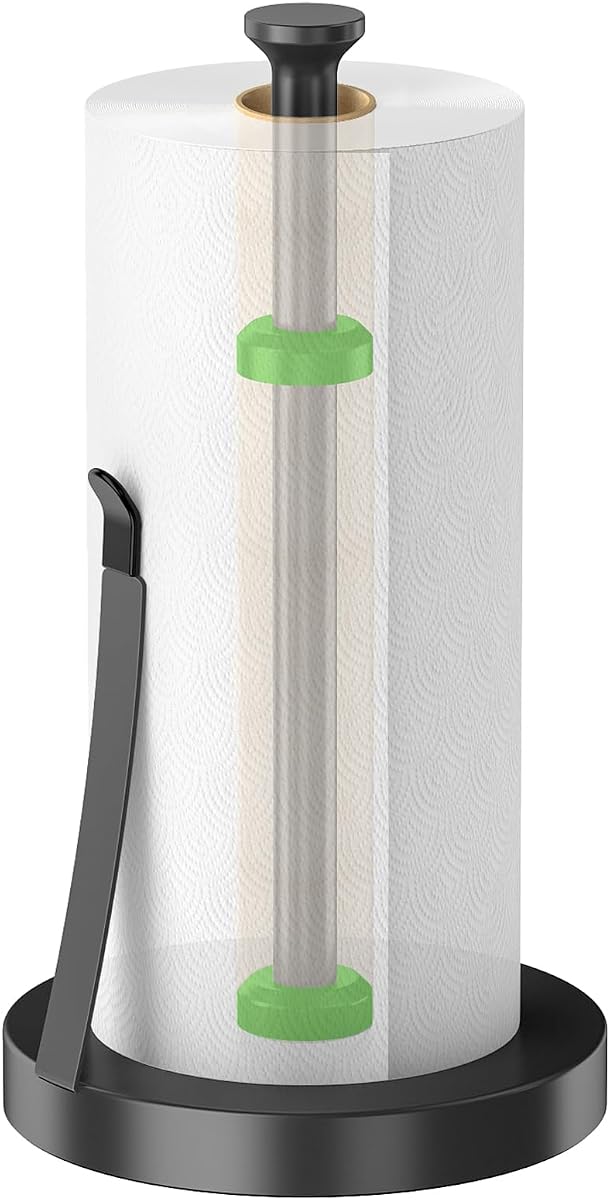 Countertop Paper Towel Holder for Kitchen, Black Tension Arm | One-Handed Tear, Stainless Steel Paper Towel Holder Stand for Bathroom Laundry Room Workshop