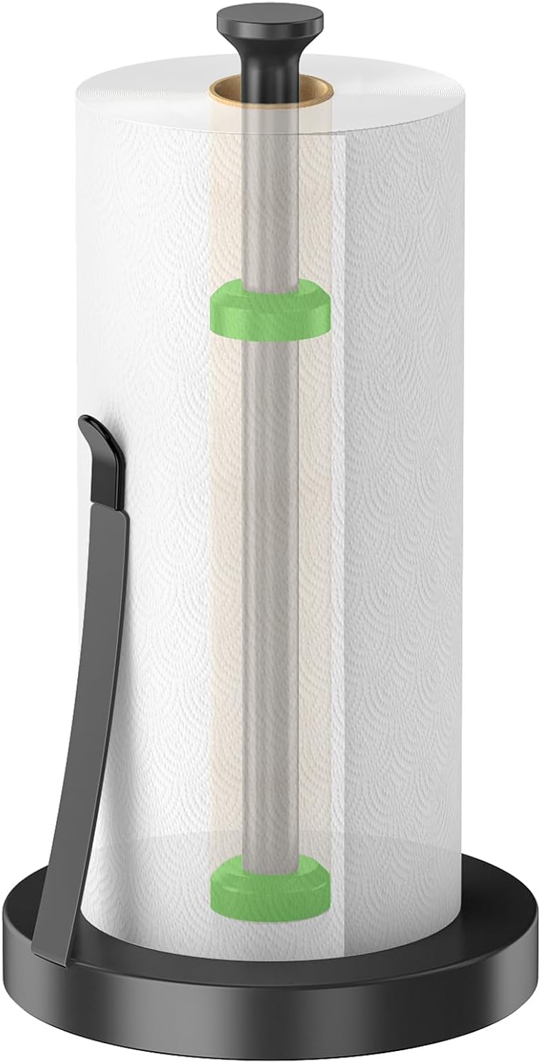 Jesginboo Countertop Paper Towel Holder for Kitchen, Stainless Steel Tension Arm for One-Handed Tear, Stainless Steel Paper Towel Holder Stand for Kitchen Bathroom, Black