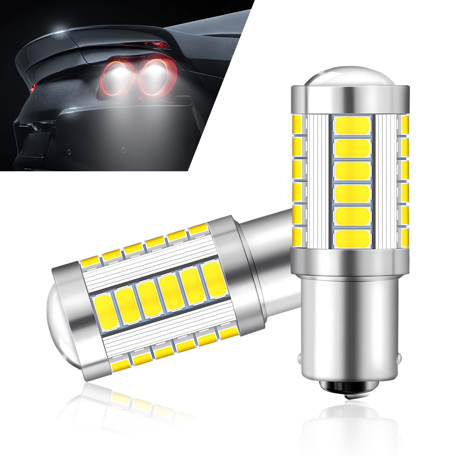 4 PCS Car 1157 LED Reversing Light, 0.72" x 2.04" 5630-33SMD 360 Degree High Brightness Bulb with Lens, IC Driven Fast Cooling 50000H Long Life Bulb Replacement, Universal for Cars (White)