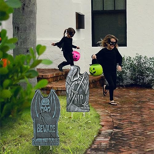 Halloween Grabstein Deko Outdoor XXL 81cm,7Pcs Gruselig RIP Grabstein Hof-Schilder Roadside Vorsicht Requisiten mit Erdspießen Gartendeko für Party,Spukhaus,Friedhof,Rasen im Freien,Draußen,Aussen