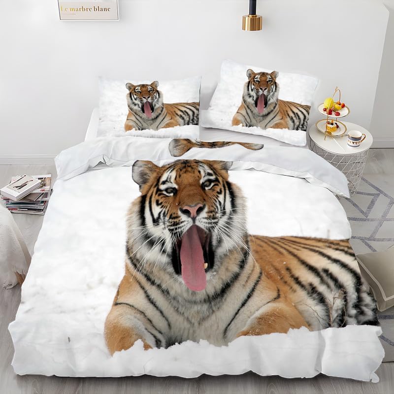 Snow White Tiger Duvet Cover Queen Animal Print Bedding Sets Queen Soft Microfiber Comforter Cover and 2 Pillow Shams 20"X26", Bed Set Duvet Covers