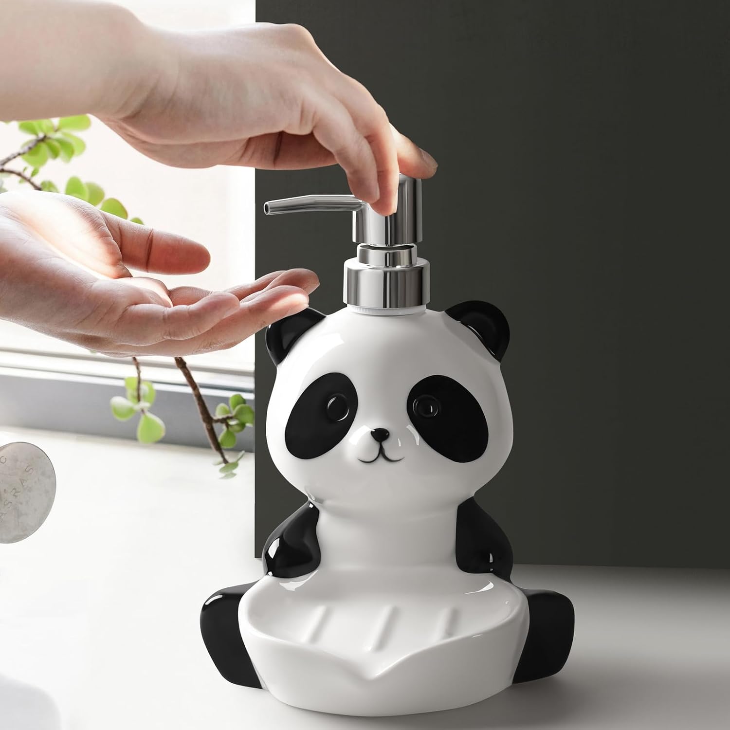 Ceramic Soap Dispenser 12 Oz Cute Panda Shape Lotion Hand Pump Dispensers with Soap Holder for Bathroom Kitchen