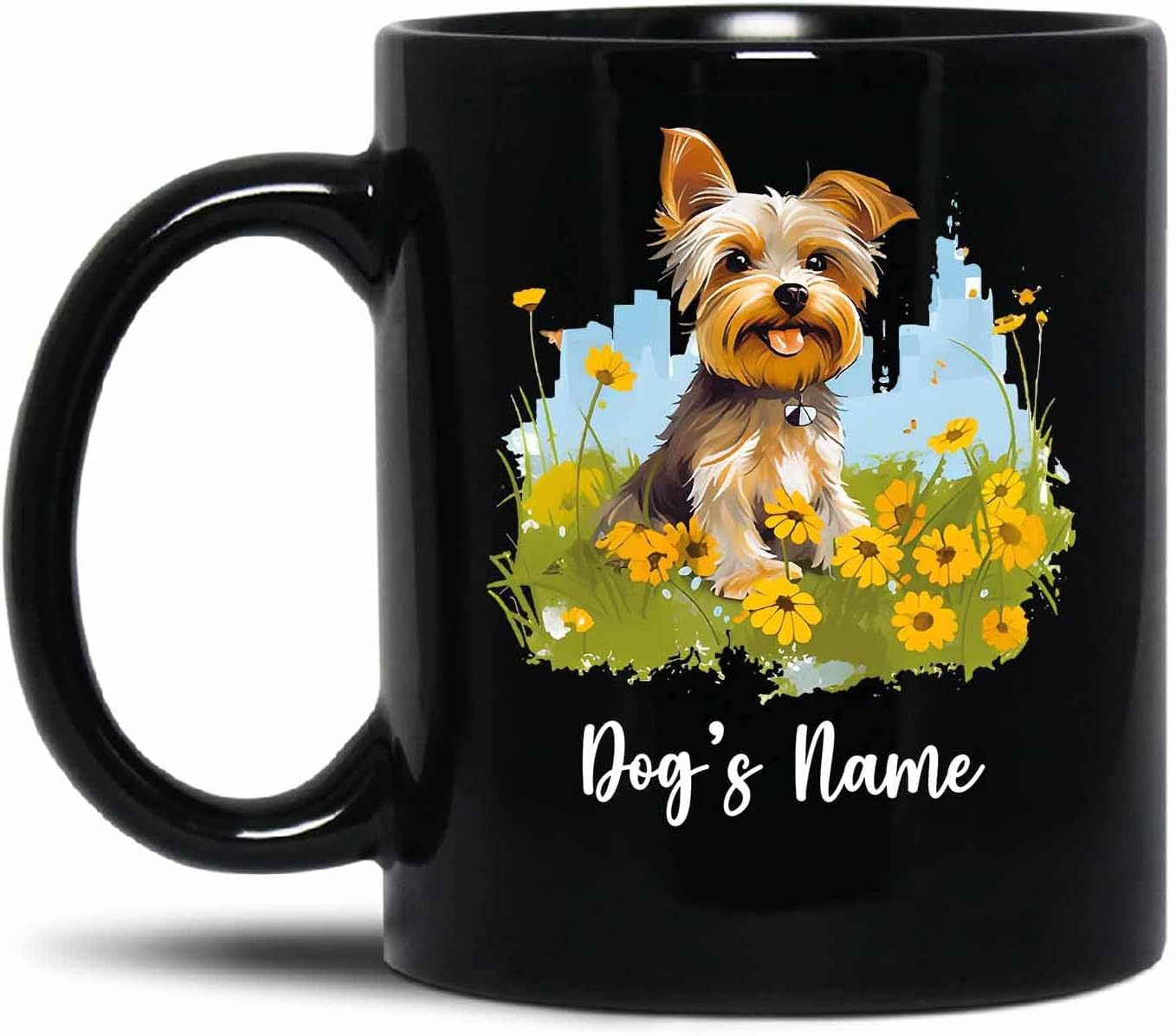Personalized Yorkie Coffee Mug with Name, Yorkie Tea Cup, Yorkie Ceramic Mug, Dog Spring Meadow Mug, Dog Flower Gift for Dog Lover, Pet Memorial Gift for Dog Dad, Dog Mom, Black Cup 11oz 15oz