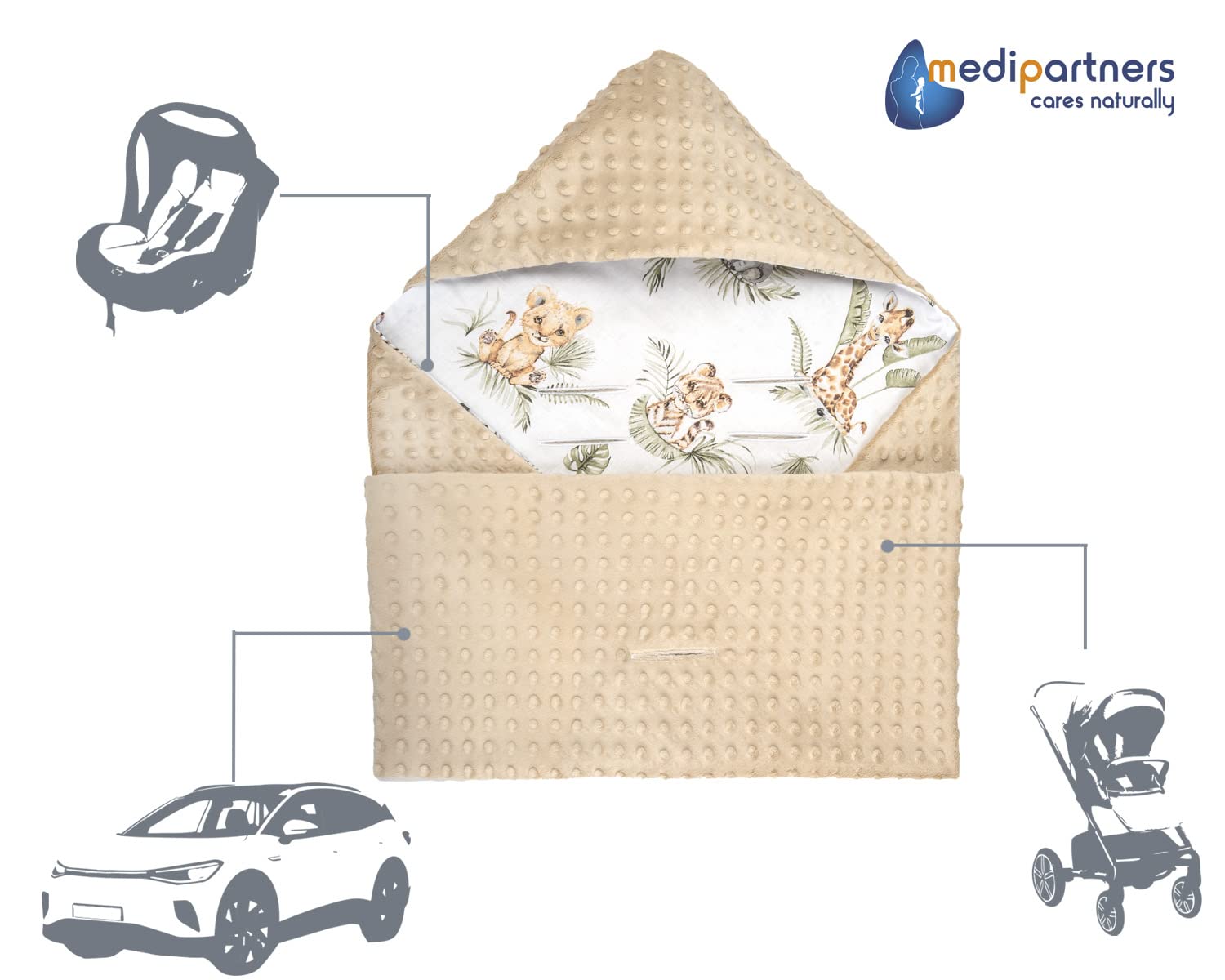 Couverture enveloppante Bébé Siège Auto 85x85cm Oeko-Tex Nid d'Ange Safary Minky Beige