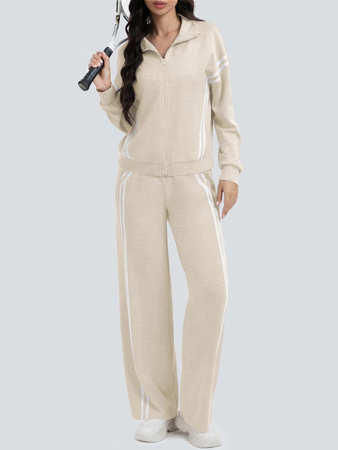 Casly Lamiit Women's 2 Piece Lounge Outfits Zip Up Sweat Set Contrast Striped Wide Leg Jogging Pants Travel Track Suit