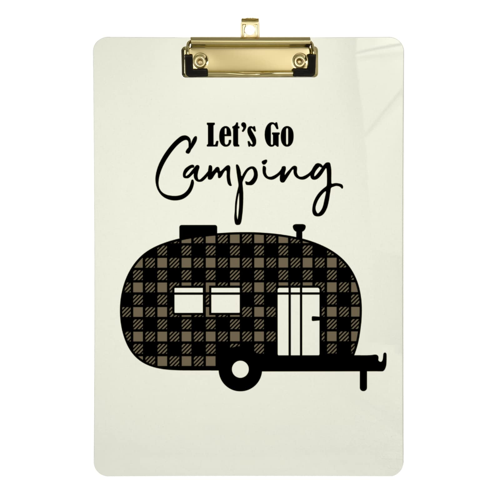 Brown Checker Plaid Grid Camper Car Silhouette Let's Go Camping BeigePlastic Clipboard A4 Letter Size PVC Writing Board with Low Profile Gold Metal Clip Hardboard for School, Office 12.5x9 Inch